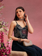 Women's Navy Floral Embroidered Shoulder Straps Straight Kurta With Trouser