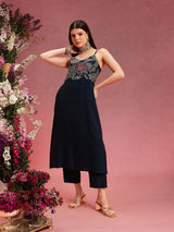 Women's Navy Floral Embroidered Shoulder Straps Straight Kurta With Trouser