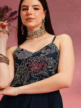Women's Navy Floral Embroidered Shoulder Straps Straight Kurta With Trouser