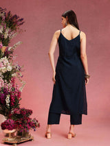 Women's Navy Floral Embroidered Shoulder Straps Straight Kurta With Trouser