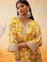 Women's Yellow Floral Printed Mandarin Collar Top With Trouser