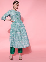 Women's Green Paisley Printed Band Collar Anarkali Kurta With Trouser