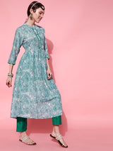 Women's Green Paisley Printed Band Collar Anarkali Kurta With Trouser