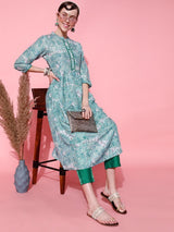 Women's Green Paisley Printed Band Collar Anarkali Kurta With Trouser