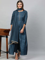Women's Navy Yoke Design Gotta Patti Kurta With Trouser with Dupatta