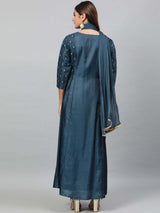 Women's Navy Yoke Design Gotta Patti Kurta With Trouser with Dupatta