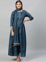 Women's Navy Yoke Design Gotta Patti Kurta With Trouser with Dupatta