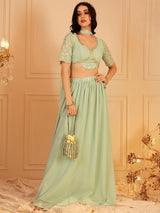 Women's Green Crop Top & Maxi Skirt With Dupatta Co-ords Set