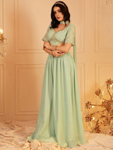 Women's Green Crop Top & Maxi Skirt With Dupatta Co-ords Set