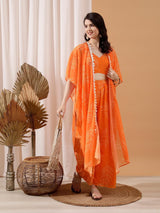 Women's Orange Printed Top & Palazzo With Shrug Co-ords Set