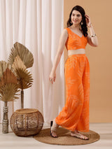 Women's Orange Printed Top & Palazzo With Shrug Co-ords Set