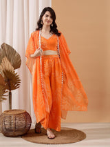 Women's Orange Printed Top & Palazzo With Shrug Co-ords Set