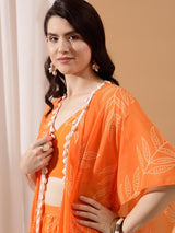 Women's Orange Floral Printed Crop Top, With Shrug & Palazzo Co-ords Set
