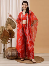 Women's Red Printed Top Shrug & Palazzo