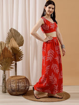 Women's Red Printed Top Shrug & Palazzo