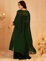 Women's Green Embellished Indo Fusion Top & Palazzo With Shrug