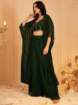 Women's Green Embellished Indo Fusion Top & Palazzo With Shrug