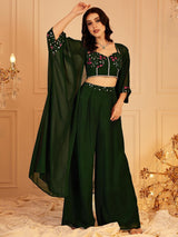 Women's Green Embellished Indo Fusion Top & Palazzo With Shrug