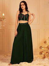 Women's Green Embellished Indo Fusion Top & Palazzo With Shrug