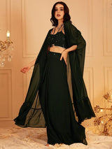 Women's Green Embellished Shoulder Strap Neck Top & Skirt with Shrug