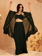 Women's Green Embellished Shoulder Strap Neck Top & Skirt with Shrug