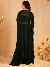 Women's Green Embellished Shoulder Strap Neck Top & Skirt with Shrug