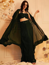 Women's Green Embellished Shoulder Strap Neck Top & Skirt with Shrug