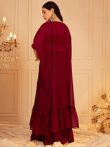 Women's Red Embroidered Indo Fusion Top With Skirt & Shrug