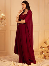 Women's Red Embroidered Indo Fusion Top With Skirt & Shrug
