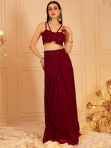 Women's Red Embroidered Indo Fusion Top With Skirt & Shrug