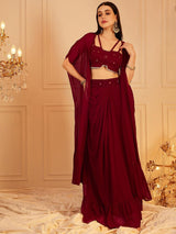 Women's Red Embroidered Indo Fusion Top With Skirt & Shrug