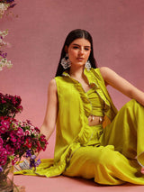 Women's Green Sleeveless Crop Top & Trouser With Shrug Co-ords Set