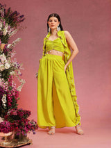 Women's Green Sleeveless Crop Top & Trouser With Shrug Co-ords Set