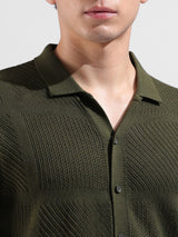 Men's Green Casual Slim Fit Textured Half Sleeves Shirt
