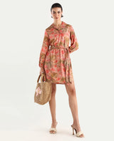 Women's Youat Multicolor Viscose Floral Print Bishop Sleeve Mini Fit And Flared Dress