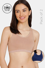 Girls Multicolor Double Layered Non Wired Full Coverage Racerback Beginner Sports Bra - Pack of 2
